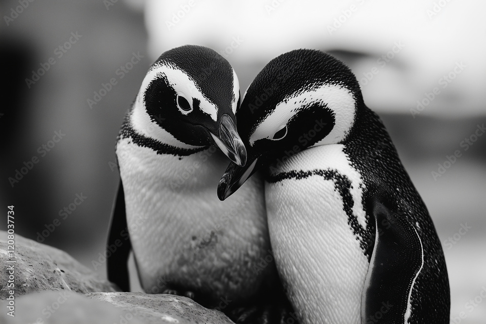 Naklejka premium Monochromatic Penguin Pair: A Tender Embrace in Nature's Realm - Exquisite Wildlife Photography