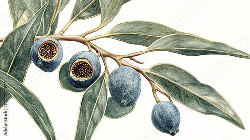 Detailed Botanical Illustration of a Branch with Berries and Leaves