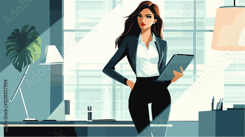 Flat vector illustration of business woman. Office worker. Entrepreneur. Director. Beautiful female.