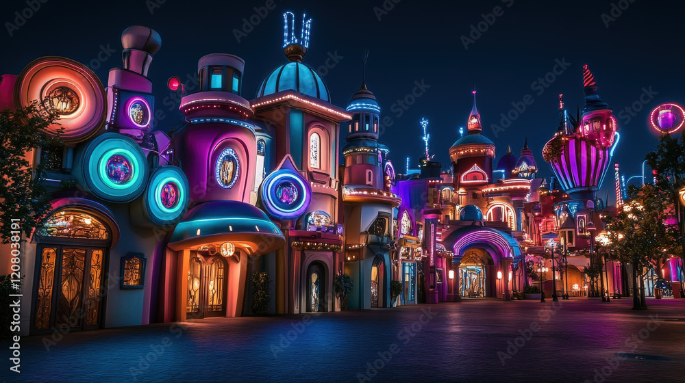 Fototapeta premium Eine futuristische Stadt mit extravaganten, farbenfrohen Gebäuden, leuchtenden Dekorationen und übergroßen Ornamenten. Die Szene ist hell erleuchtet und hat eine lebendige, futuristische Atmosphäre