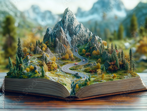 A Miniature Mountain Landscape with a Winding Road, Trees, and Cars Emerging from an Open Book.