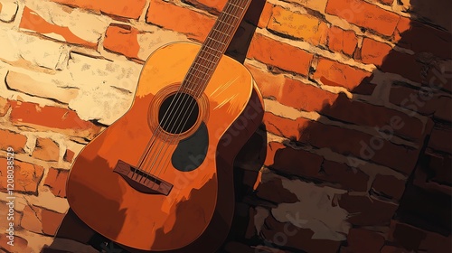 Acoustic Guitar Against Brick Wall: A Melancholic Sunset