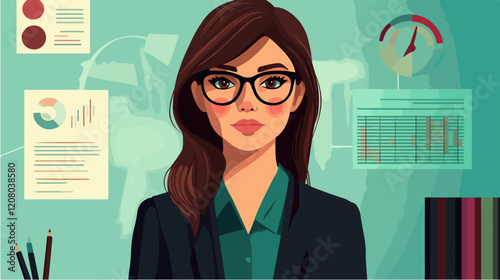 Flat vector illustration of business woman. Office worker. Entrepreneur. Director. Beautiful female.