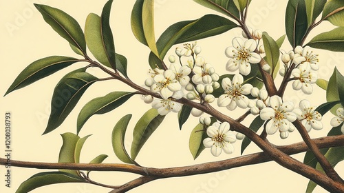 Botanical Illustration: Delicate White Blossoms and Lush Green Foliage