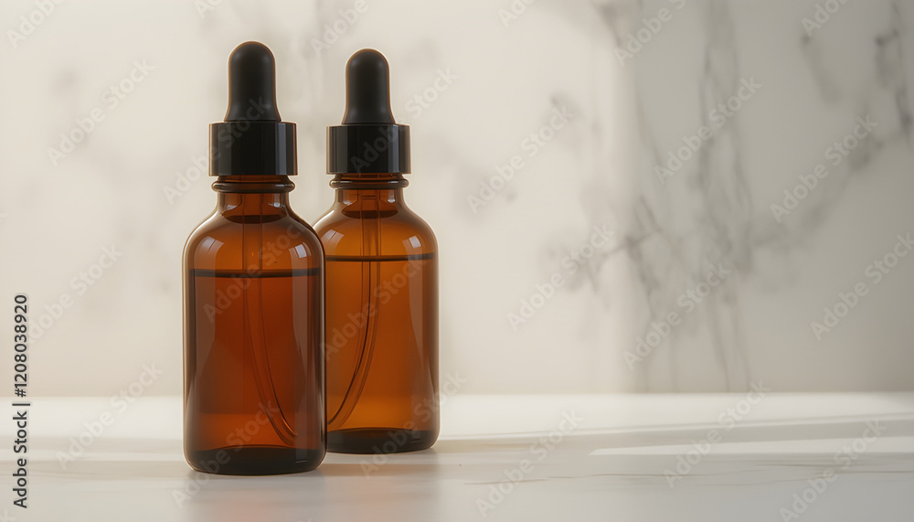 Amber Glass Dropper Bottles with Liquid Skincare Product Packaging Beauty Mockup on Marble Amber Glass Dropper Bottles with Liquid Skincare Product Packaging Beauty Mockup on Marble