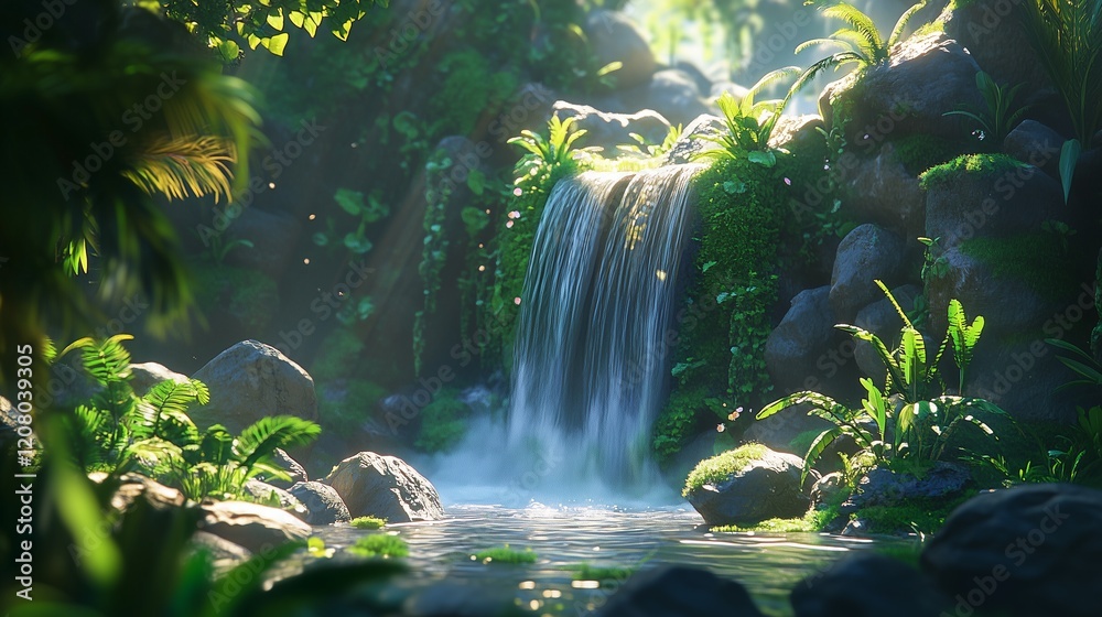 Dynamic waterfall surrounded by mossy rocks and lush tropical plants Dynamic waterfall surrounded by mossy rocks and lush tropical plants