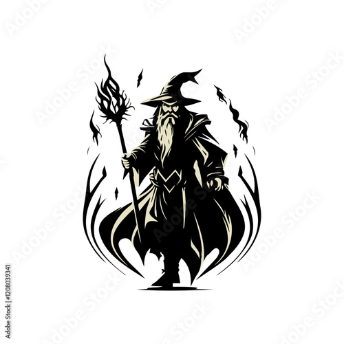 Vector illustrations of silhouette magician with a staff and a flame in his palm
