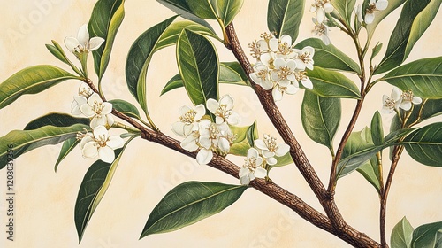 Botanical Illustration: Delicate White Blossoms and Lush Green Foliage