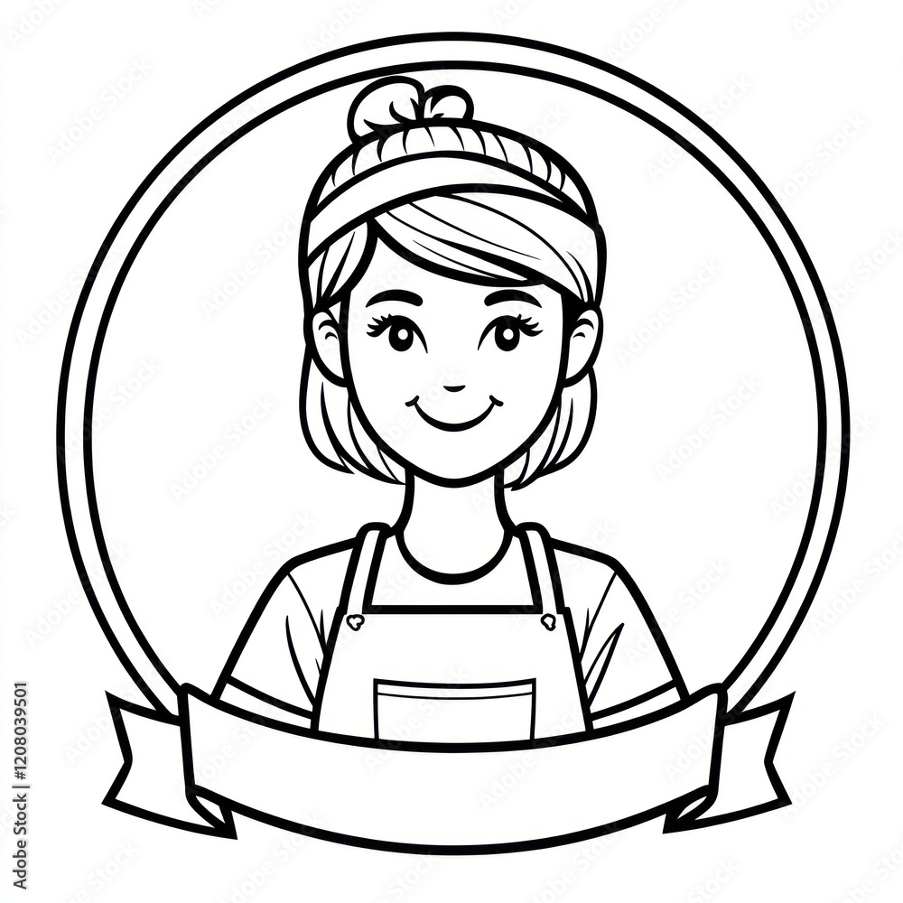 Female in apron, encircled, with a banner below, for use in advertising or logo design Female in apron, encircled, with a banner below, for use in advertising or logo design