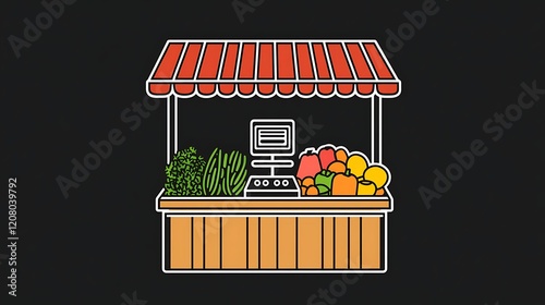 Colorful market stall icon showcasing fresh fruits and vegetables in a vibrant graphic design, perfect for market-related projects and organic themes. photo