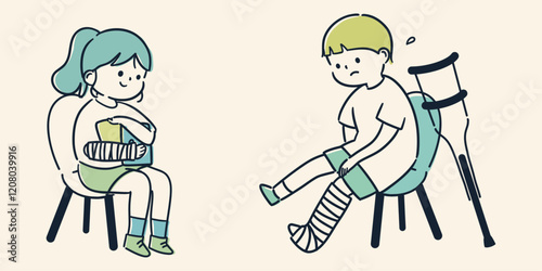 骨折してギプスを装着している子どもたちのシンプルでかわいいイラスト
