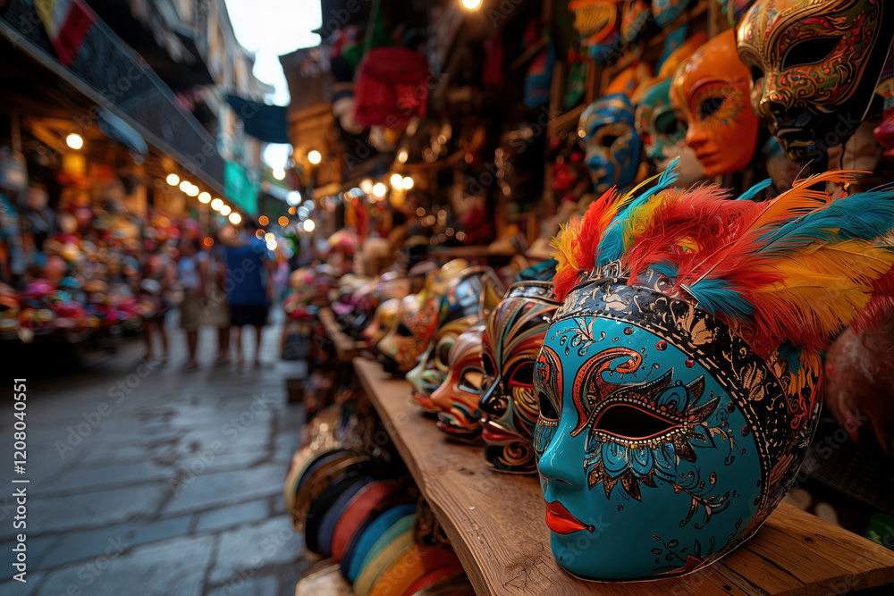 Fototapeta premium Colorful decorative masks with feathers displayed along a narrow market street