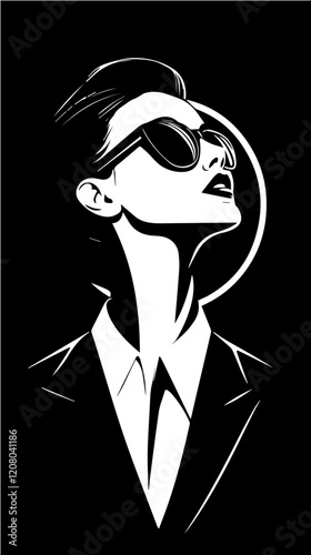 Black and white flat vector illustration of business woman. Office worker. Entrepreneur. Director. Beautiful woman.