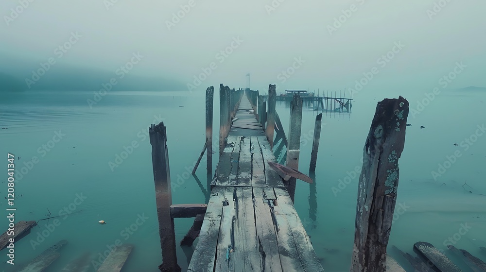 A foggy harbor with old wooden piers stretching into the water, completely empty. 35mm, f22, cinematic, wide angle lens A foggy harbor with old wooden piers stretching into the water, completely empty. 35mm, f22, cinematic, wide angle lens