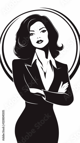 Black and white flat vector illustration of business woman. Office worker. Entrepreneur. Director. Beautiful woman.
