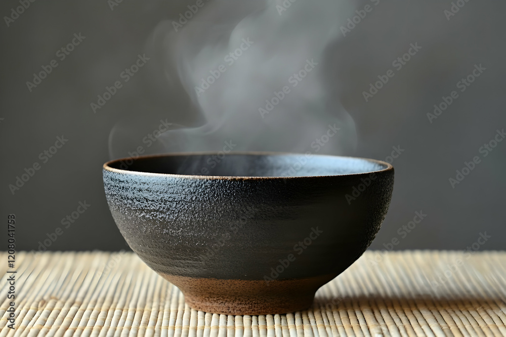Steaming soup bowl, mat, grey backdrop, food Steaming soup bowl, mat, grey backdrop, food