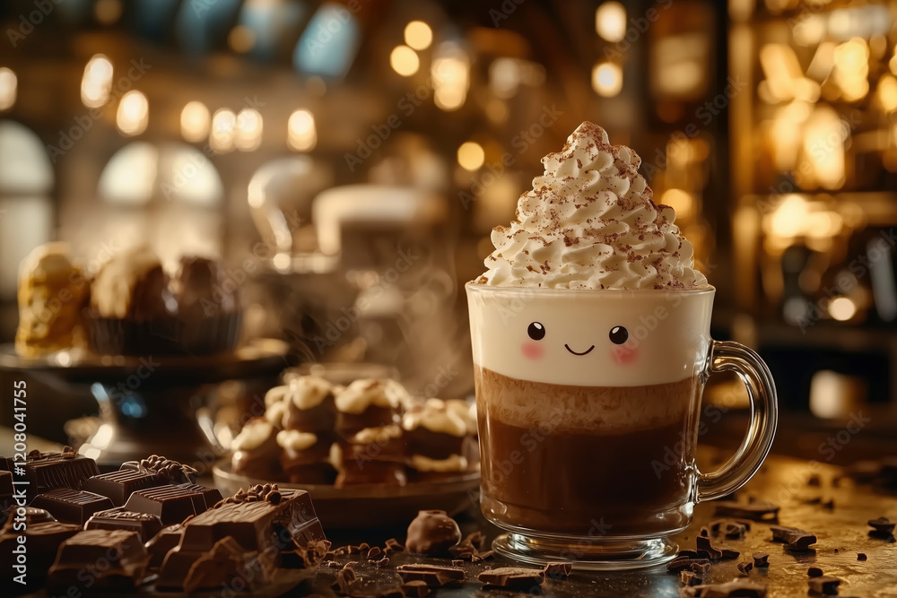 A Happy Cup of Hot Chocolate: Indulge in the rich aroma and creamy sweetness of this delightful hot chocolate topped with whipped cream and chocolate shavings in a cozy cafe setting. A Happy Cup of Hot Chocolate: Indulge in the rich aroma and creamy sweetness of this delightful hot chocolate topped with whipped cream and chocolate shavings in a cozy cafe setting.