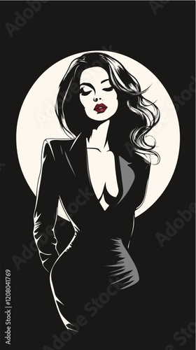 Black and white flat vector illustration of business woman. Office worker. Entrepreneur. Director. Beautiful woman.