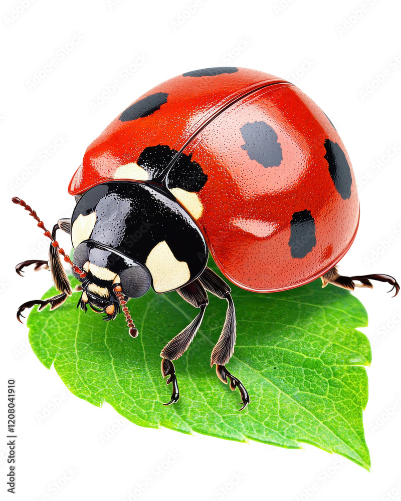 Macro shot of a vibrant ladybug perched on a lush green leaf, isolated on a white background. Perfect for nature, spring, or insect-themed projects. Macro shot of a vibrant ladybug perched on a lush green leaf, isolated on a white background. Perfect for nature, spring, or insect-themed projects.