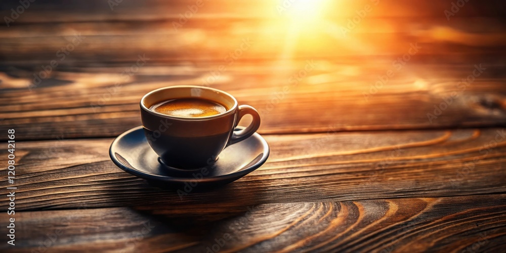 Aromatic Espresso in a Dark Cup on Rustic Wood Table at Sunrise Aromatic Espresso in a Dark Cup on Rustic Wood Table at Sunrise