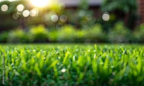 A close-up of lush artificial grass with a blurred background of greenery.