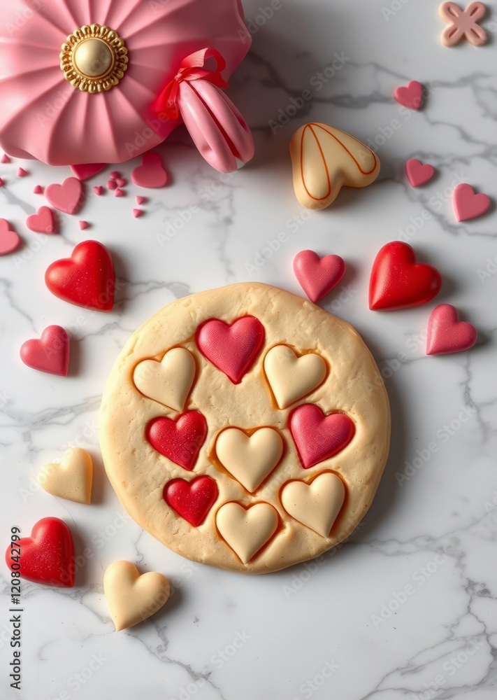 Top view of cookie dough cut into heart shapes on marble counter valentines backdrop love heart valentine vector romantic day holiday Top view of cookie dough cut into heart shapes on marble counter valentines backdrop love heart valentine vector romantic day holiday