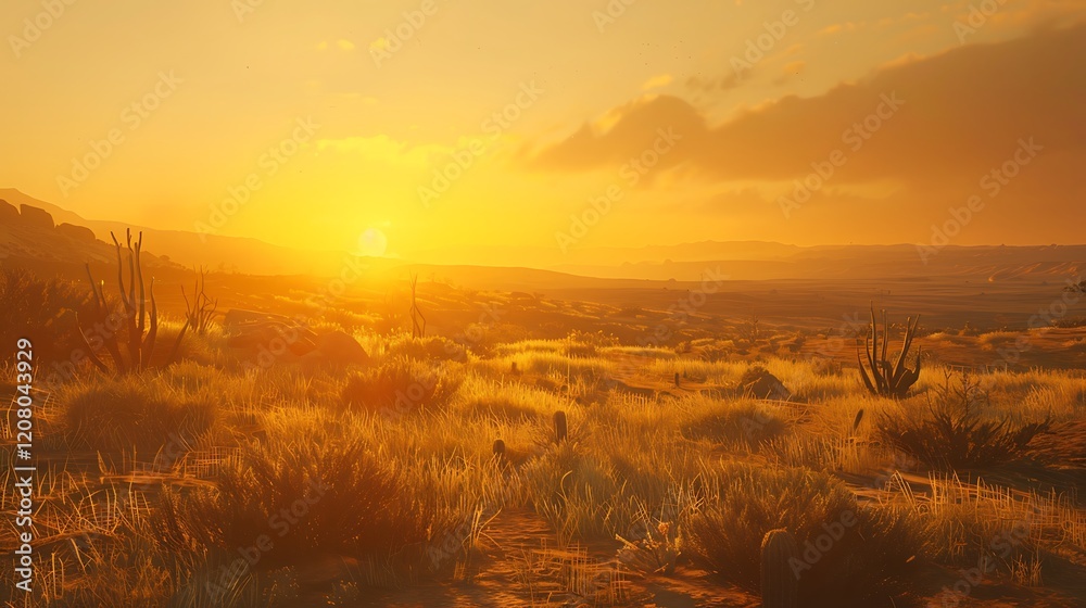 A golden sunset over a tranquil desert landscape with scattered cacti. 35mm, f22, cinematic, wide angle lens A golden sunset over a tranquil desert landscape with scattered cacti. 35mm, f22, cinematic, wide angle lens