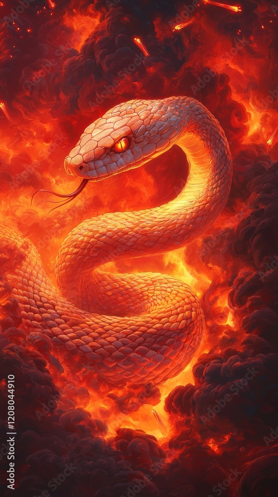 Fiery snake in a dark, smoky background Fiery snake in a dark, smoky background
