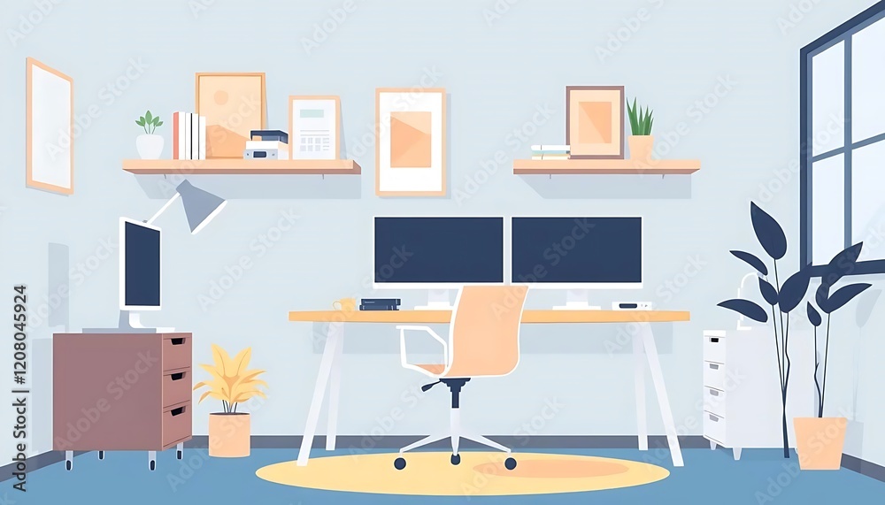 Modern Home Office Setup with Dual Monitors and Plants