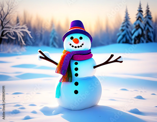 Happy snowman in a snowy winter day