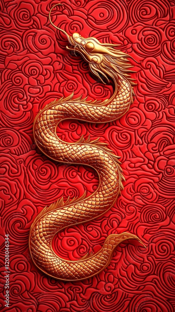 Obraz premium Golden dragon on red background