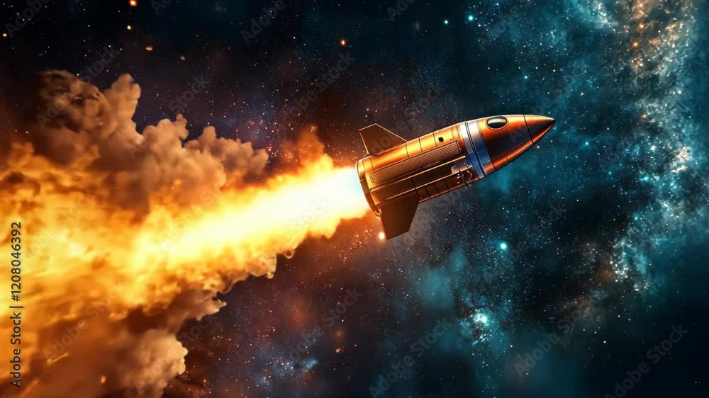 Rocket launches into space with fiery propulsion against a vibrant cosmic background Rocket launches into space with fiery propulsion against a vibrant cosmic background
