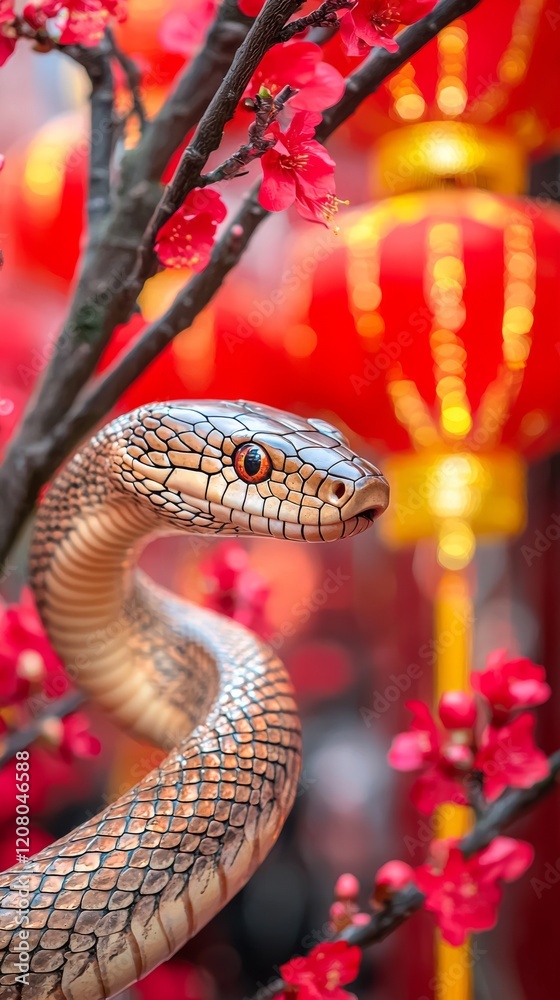 Obraz premium Snake among blossoms and lanterns