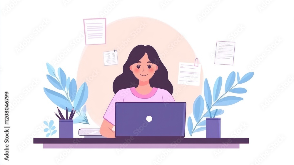 Smiling Woman Working on Laptop at Home Office Desk with Plants Smiling Woman Working on Laptop at Home Office Desk with Plants