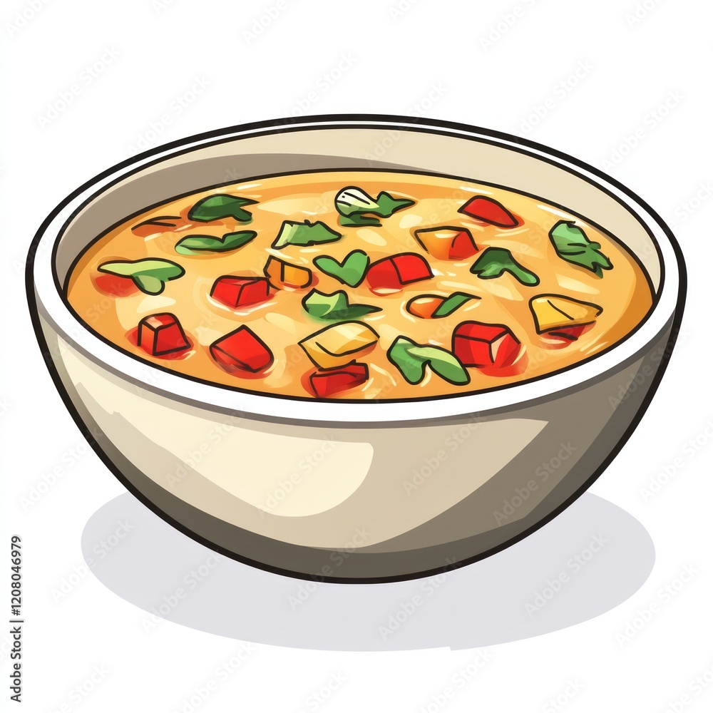 Bowl of soup with diced vegetables in a solid background used for menu or cookbook illustration