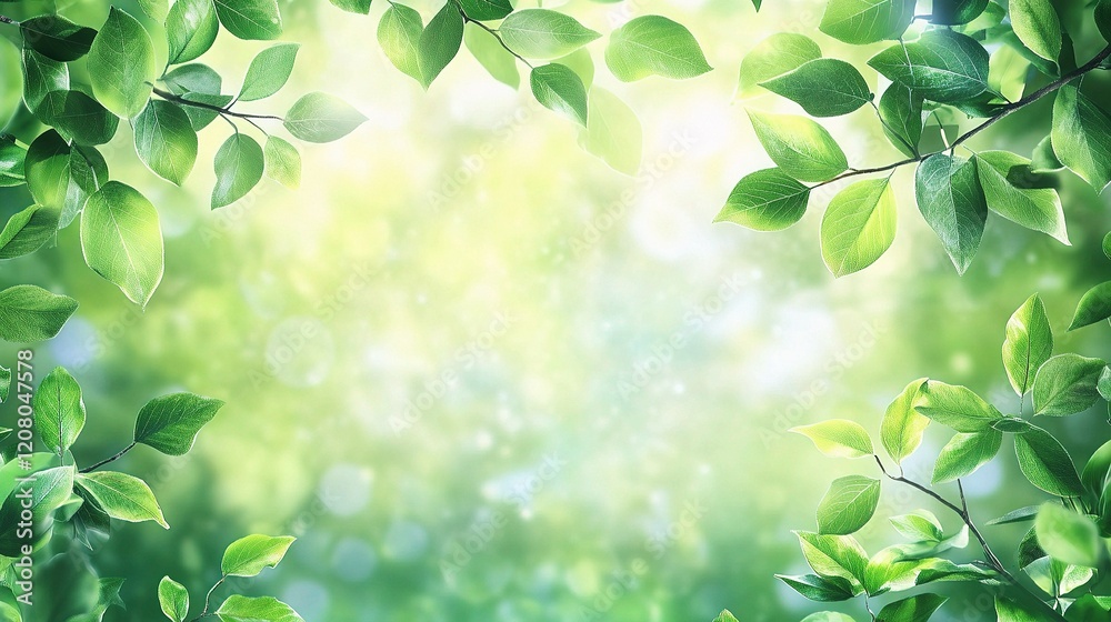 Lush Green Leaves Framing a Bright Summer Garden Background Lush Green Leaves Framing a Bright Summer Garden Background