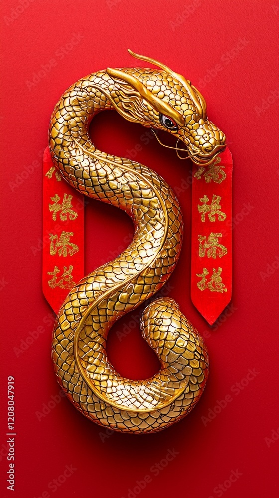 Obraz premium Golden dragon on a red background