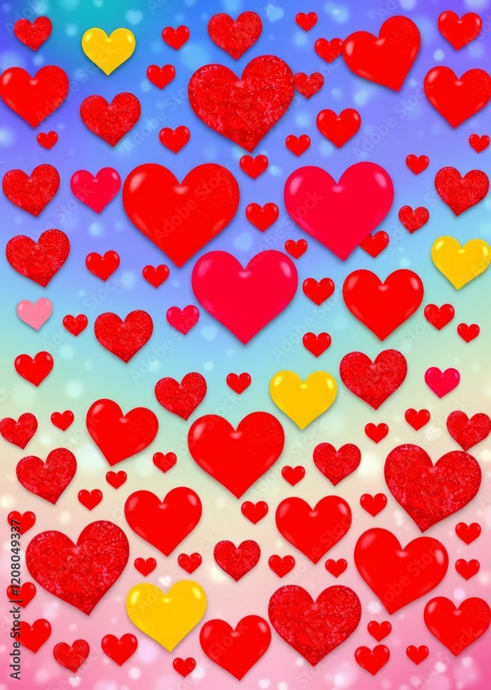 Vibrant heart pattern, colorful hearts background, red and yellow hearts, gradient blue to pink background, Valentine's Day illustration, love concept art, cheerful romantic design, floating heart sha Vibrant heart pattern, colorful hearts background, red and yellow hearts, gradient blue to pink background, Valentine's Day illustration, love concept art, cheerful romantic design, floating heart sha