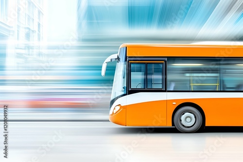 Side view of an orange modern bus in motion with blurred cityscape background, symbolizing urban transportation, speed, and efficiency in a dynamic setting