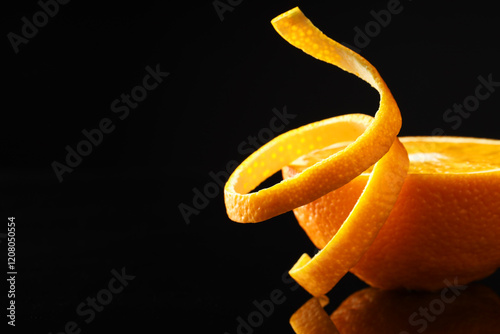 Fresh orange peel and half of fruit on black mirror surface, closeup. Space for text