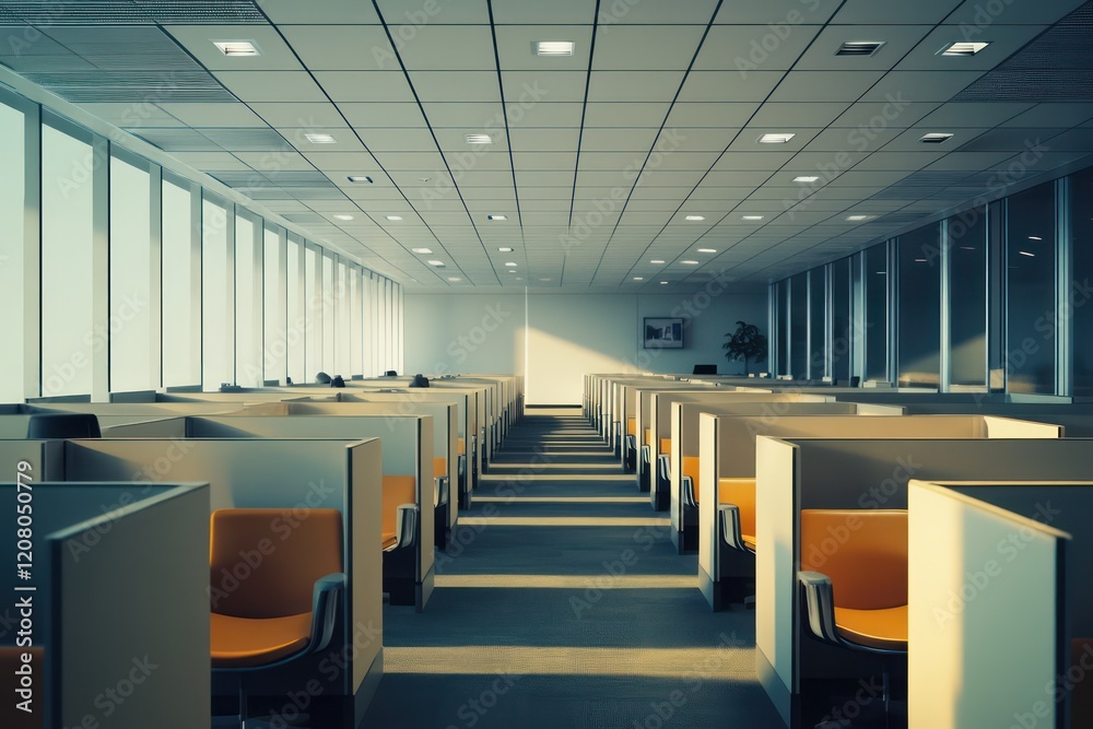A spacious, minimalist office with rows of vacant cubicles and clean, modern furnishings A spacious, minimalist office with rows of vacant cubicles and clean, modern furnishings