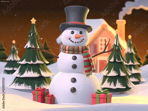 Happy snowman in a snowy winter day