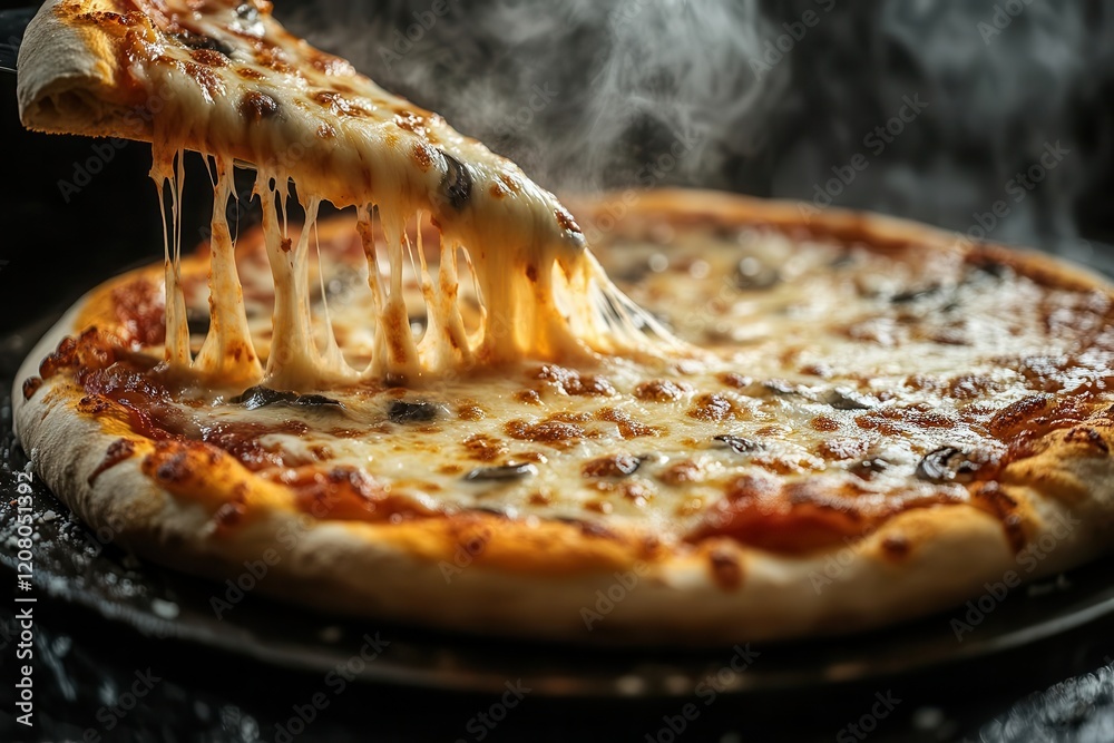 artisanal pizza with stretching golden cheese pulls steam rising dramatically against black background professional food photography lighting