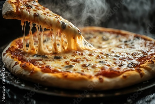 Obraz na płótnie artisanal pizza with stretching golden cheese pulls steam rising dramatically against black background professional food photography lighting w salonie