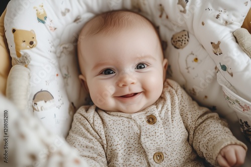 Newborn baby in a soft bassinet with smile. photo