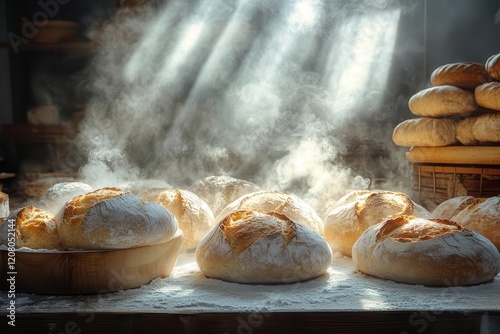 artisanal rustic bread display with goldencrusted loaves dramatic chiaroscuro lighting flourdusted surface rich textures steam rising warm inviting atmosphere photo