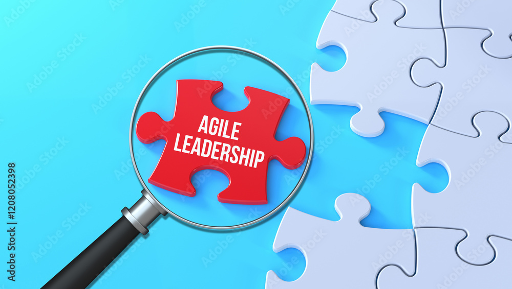 The word Agile Leadership on a missing puzzle piece and magnifying glass The word Agile Leadership on a missing puzzle piece and magnifying glass