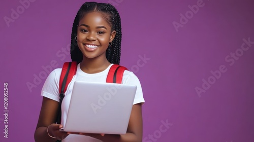 Smiling young woman with backpack using laptop,  purplish background