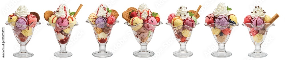 Seven different ice cream sundaes in glass dishes, each topped with whipped cream, berry's and wafers, isolated on transparent background, PNG file, perfect for graphic design. Seven different ice cream sundaes in glass dishes, each topped with whipped cream, berry's and wafers, isolated on transparent background, PNG file, perfect for graphic design.