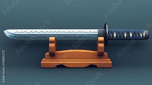 Samurai Sword Displayed on Wooden Stand photo
